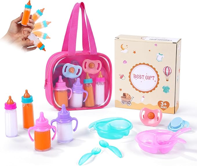 BABESIDE 13 Pcs Baby Doll Accessories Set, Magic Baby Doll Bottles and Accessories Toy Babys Bottles with Disappearing Milk, Babydoll Accessories for Girls Pretend Play Toy