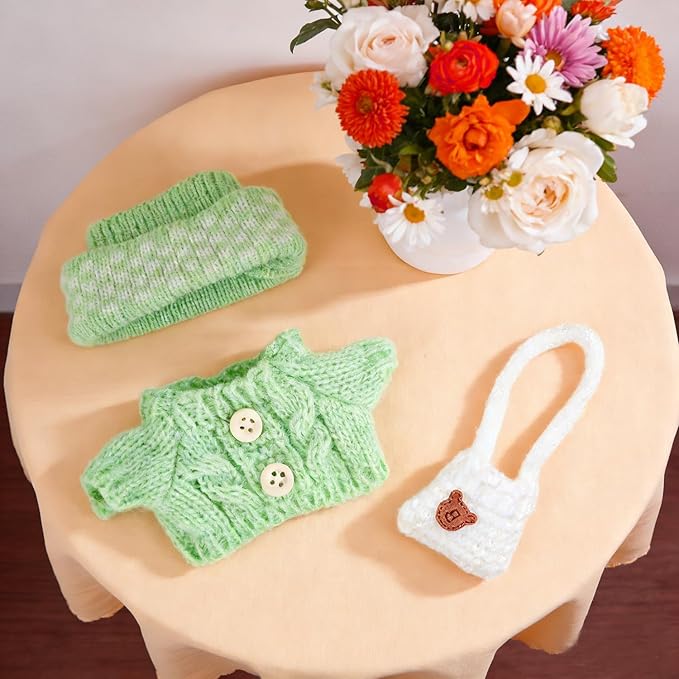 17cm Doll Clothes Set for Lububu, Designer Hand-Crocheted Green Sweater Outfit with Hat & Backpack，Cute Ropa Clothing and Accessories for 15cm Have a Seat Series Dolls Display and Dress-Up