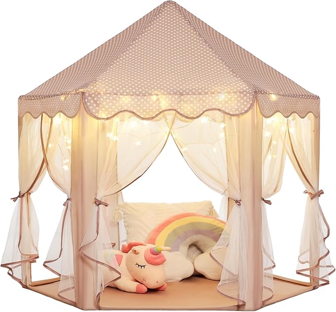 Monobeach Princess Play Tent for Girls: Brown Large Kids Castle Playhouse with Mesh Curtains & Star Lights - Indoor Outdoor Pretend Play Toys Tent - Cozy Reading Nook Gift for Toddlers & Kids