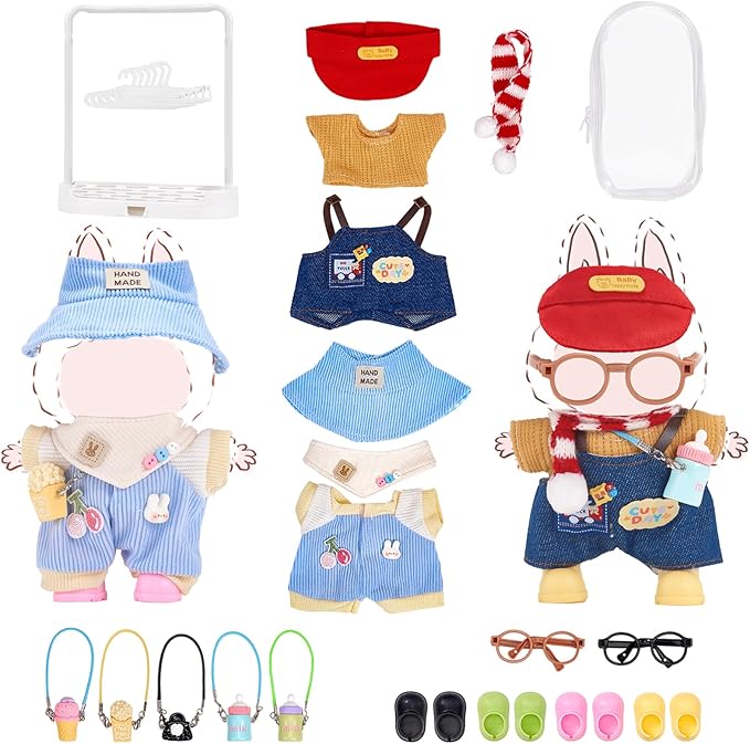 Doll Clothes and Accessories for Labubu Clothes 4 Pairs of Shoes 2 Pairs of Glasses 1 Hanger 1 Dust Bag 4 Decorative Pendants and 2 Hats for 17cm Labubu Outfits (No Doll)