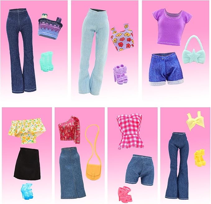 BARWA 17 Pcs Doll Clothes and Accessories for 11.5 Inch Girl Dolls Including 7 Sets Fashion Floral Skirts and Denim Skirts, Casual Tops and Pants with 2 Bags, 5 Shoes, 1 Plaid Picnic Mat