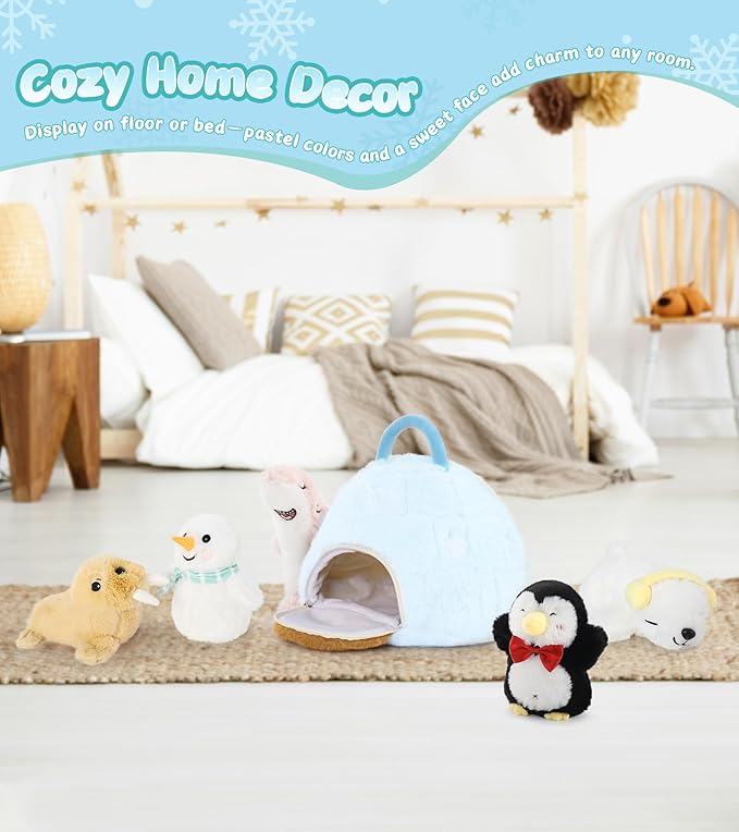 Tezituor 6 Pcs Ocean Sea Plush House with 5 Stuffed Animal Set,Sea Lions, Penguins, Sharks, Polar Bears, Snowmen Plush Toys, Soft Arctic Lgloo Plushie Gifts for Kids Christmas Valentines Birthday