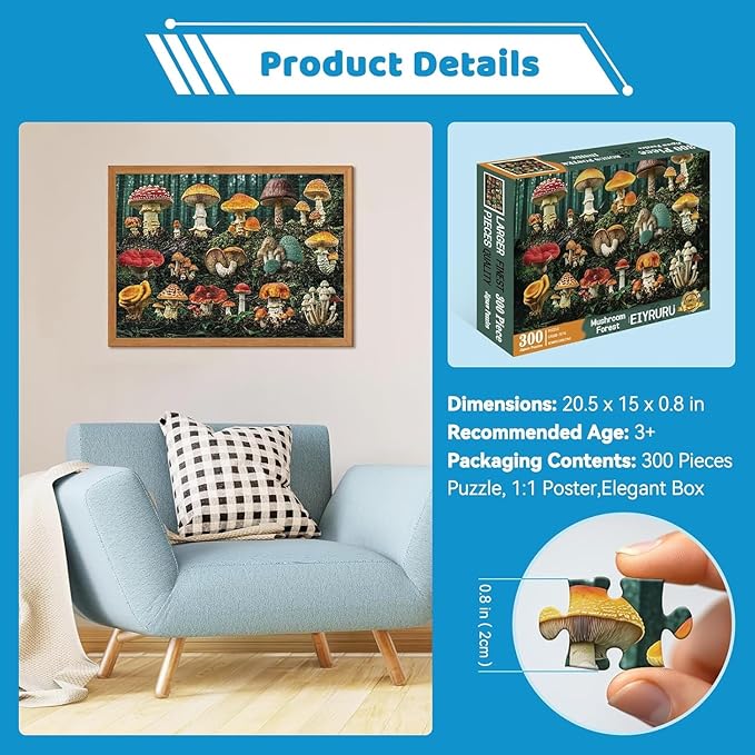 300 Piece Mushroom Forest Puzzle for Adults & Kids – Colorful Botanical Plants, Large Pieces, Fun & Challenging, Glossy Recycled Cardboard (20.5 x 15 in)
