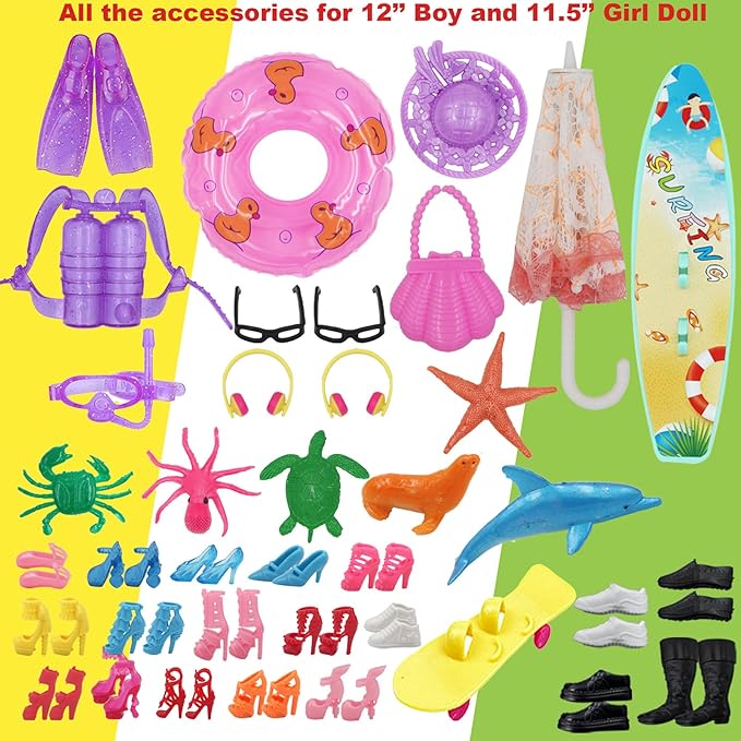 ZTWEDEN 89Pcs Doll Clothes and Accessories for 12 Inch Boy and 11.5 Inch Girl Doll Includes 32 Seaside Wear Clothes Bikini Marine Animal Surfboard Diving Swimming Sets 19 Pairs Shoes for Dolls