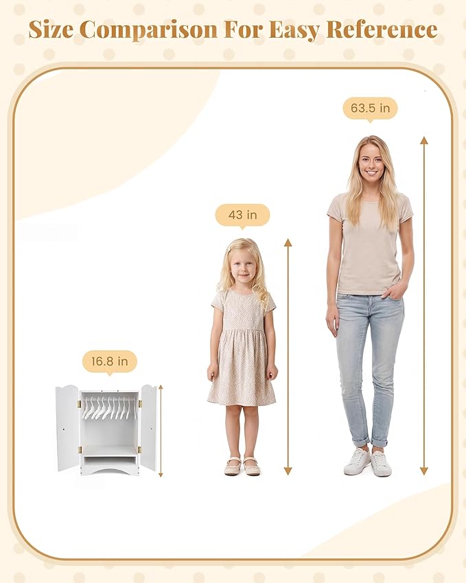 Wooden Baby Dolls Closet with 10 Hangers & Shelf, 12-16 Inch Doll Wardrobe for Baby Doll Clothes Storage, Magnetic Closure & Easy Assembly, Baby Doll Accessories Furniture