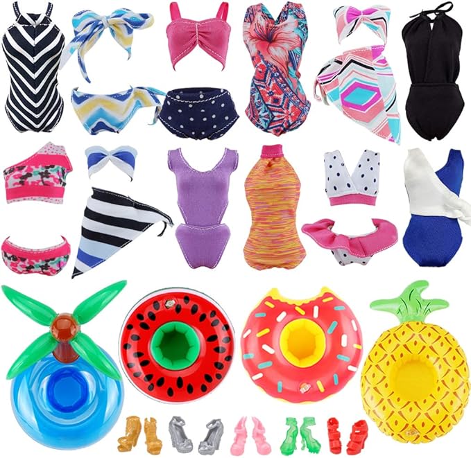 E-TING 11 Items= 3Pcs Doll Beach Bikini Swimsuit + 3Pcs Swim Ring + 5Pairs Shoes for 11.5 inch Girl Doll（Random Style）