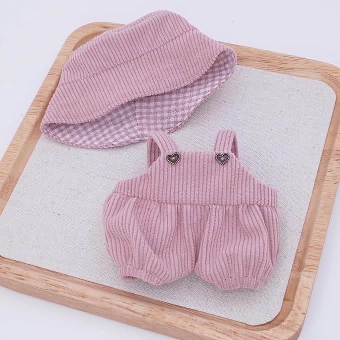 Etistta 6.7 inch Doll Clothes with Hat, Corduroy Bib Pants Overalls for 17cm Doll Accessories Outfits (Pink)