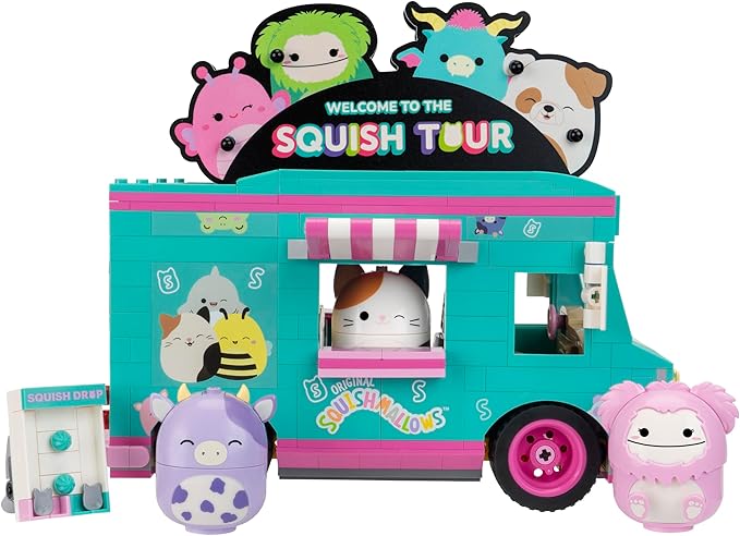 BLDR Squishmallows Squish Tour Van Building Set - Cam The Cat, Bubba The Cow, & Brina The Bigfoot Buildable Figures - Squishmallows Fans 8+, 0098