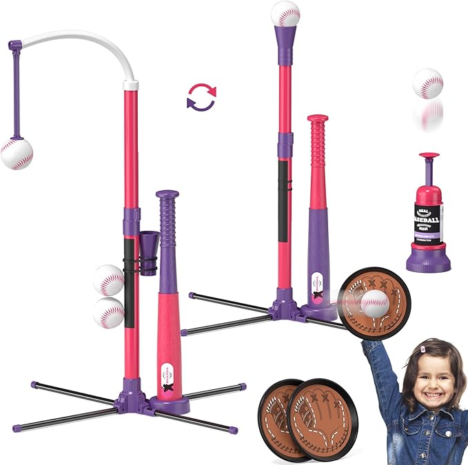 QDRAGON 4 in 1 Tball Set for Toddlers 3-5 with Toss and Catch Ball Set / 2 Bats, Hanging Tee Ball Stand with Auto Pitching Machine, Indoor Outdoor Sport Toys Games Christmas Birthday Gifts for Girls