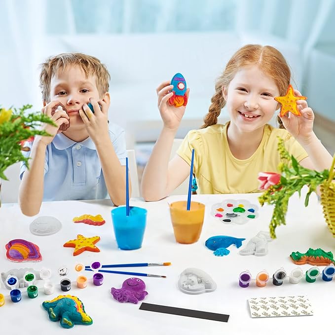 Juboury Kids Arts and Crafts Plaster Painting Craft Kit Art Set - Painting Your Own Space Dinosaurs & Marine Life Figurines - Ceramic Painting Kit for Kids, Girls, Boys, Toddlers