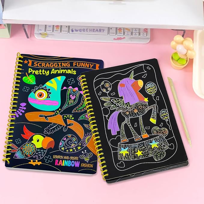 JUNQIU Easter Basket Stuffers, 2 Pack Animal & Unicorn Scratch Art for Kids, Rainbow Scratch Paper Art Notebook, Arts and Crafts for Boys Girls, Birthday Gifts Party Games