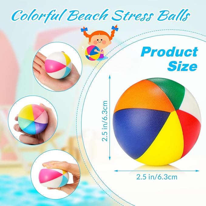 Jerify 24 Pcs Mini Beach Stress Balls 2.5 Inch Foam PU Relief Stress Mini Rainbow Blow up Beach Balls Toys for Girls Boys Birthday Hawaiian Party Favors Summer Pool Games (Fresh Color)