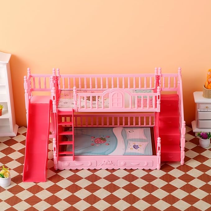 NOLITOY Miniature Bunk Bed with Slide for 6 Inch Dolls - Pink Double Deck Plastic Dollhouse Furniture Playset with Ladder & Bedding Accessories - Fits Small Dolls Figures