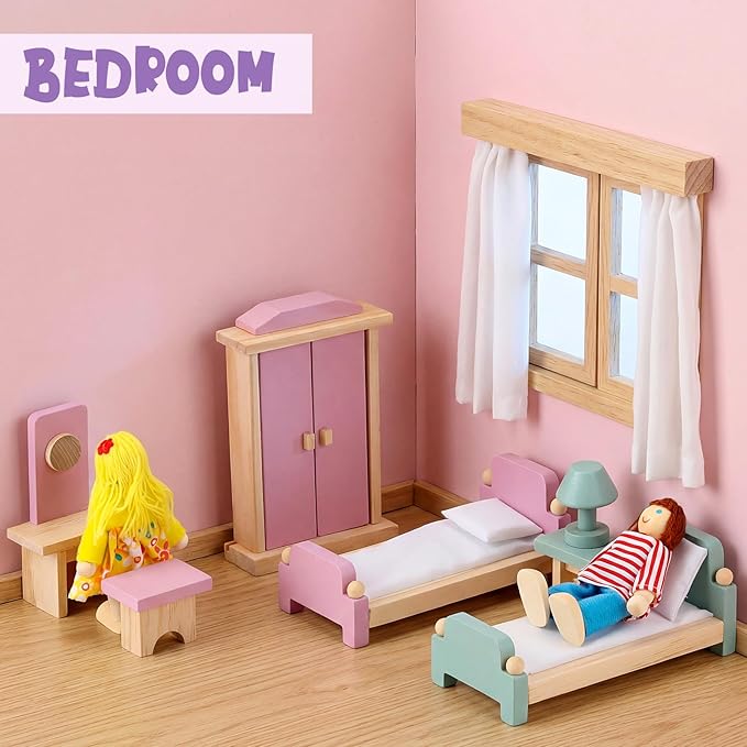 Sumind 35 Pcs Wooden Dollhouse Furniture Set with 8 Family Figures, 1:12 Scale Miniature Dolls House Accessories for Kitchen, Bedroom & Bathroom, Montessori Educational Toy Gift for Girls and Boys