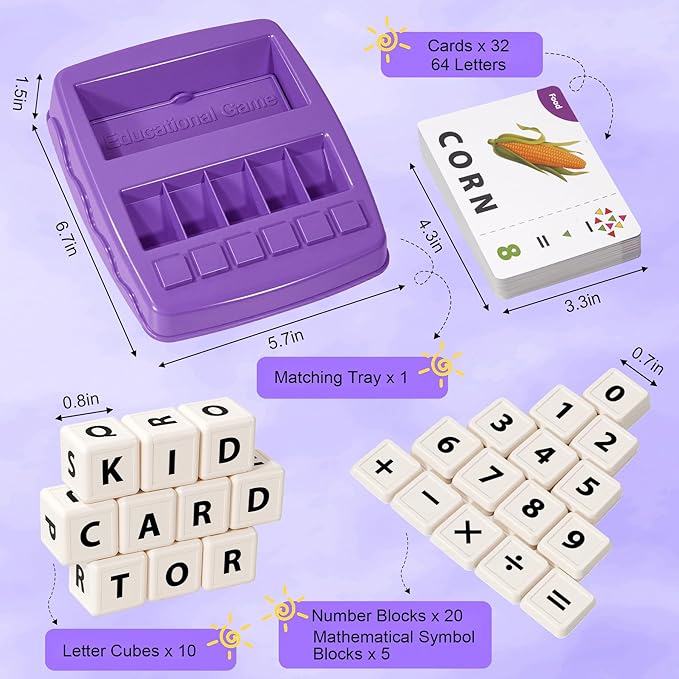 Educational & Learning Toys for Kids, 3-8 Years Old Matching Games with Letter & Math Flash Cards, Christmas Birthday Gifts for Preschool Boys Girls Grandkids - Purple