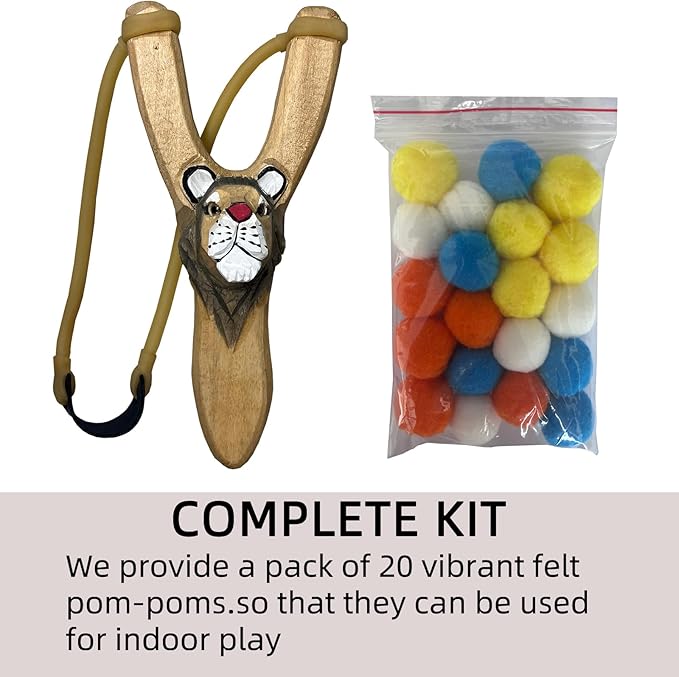 LANJAY Handmade Solid Slingshot with Personalized Carvings, Clay Balls & Pompoms, for Indoor/Outdoor Games, Hunting, Suitable for Adults & Kids