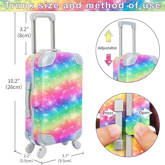K.T. Fancy 23 PCS American 18 Inch Doll Accessories Suitcase Luggage Travel Set - Rainbow Suitcase Rainbow Bag Camera Computer Cell Phone Neck Pillow Eye Mask Glasses Gift for Christmas (NO Doll)