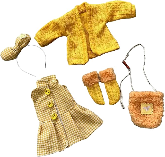 30cm YoSD 1/6 BJD Doll Clothes Set - Yellow Plaid Dress, Knit Cardigan, Bow Headband, Fuzzy Bag & Socks, Doll Accessories