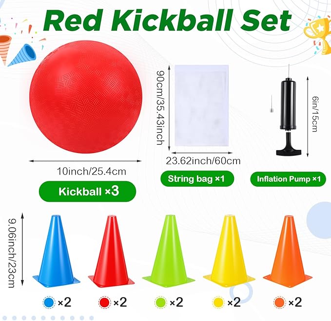 Jenaai 20 Pcs Sports Kickball Set, 3 10'' Playground Ball, 5 Rubber Throw Down Bases, Ball Pump, Net Bag, 10 Foul Line Cones, Kickball All in One Kit for Kids Adults Playground Backyard Game (Red)