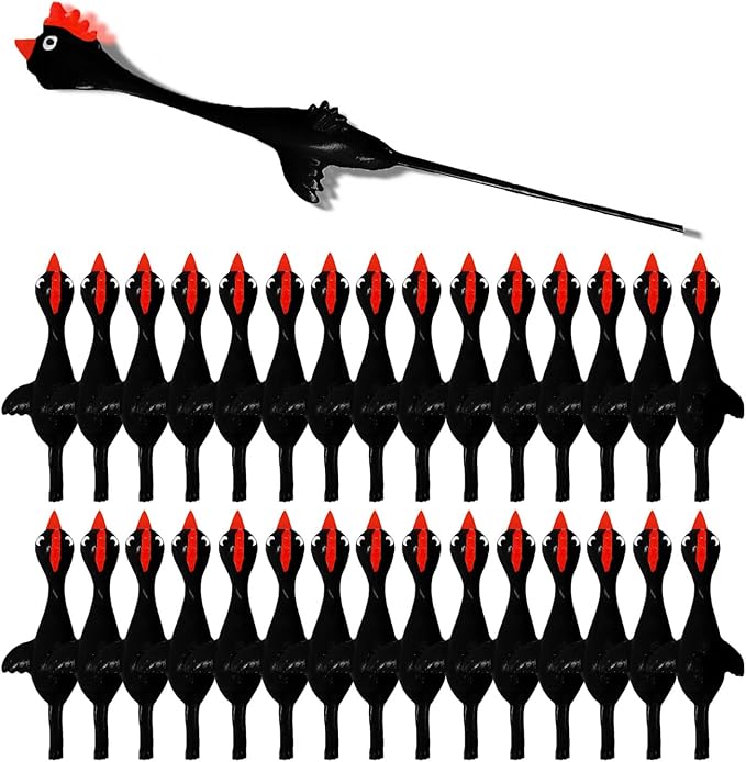 Flingers Slingshot Chicken Flying Toys, Rubber Chicken Stress Gag Gifts for Kids (Black Red 30 Pcs)