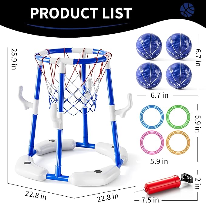 2-in-1 Pool Basketball Hoop & Ring Games with 4 Balls 12 Rings and Pump, Summer Water Outdoor Party Swimming Pool Toys Games for Kids Ages 4-8 8-12 Adult, Family Party Easter Birthday Games Toys