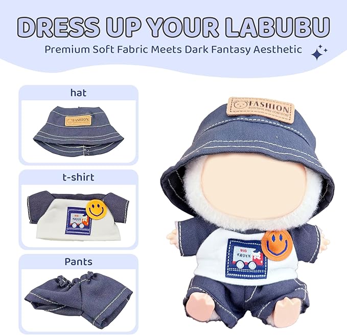 17cm Doll Clothes Set – Designer Blue Shirt Outfit with Hat, T-Shirt & Pants – Fits 17cm Sitting or Standing Dolls (No Doll)