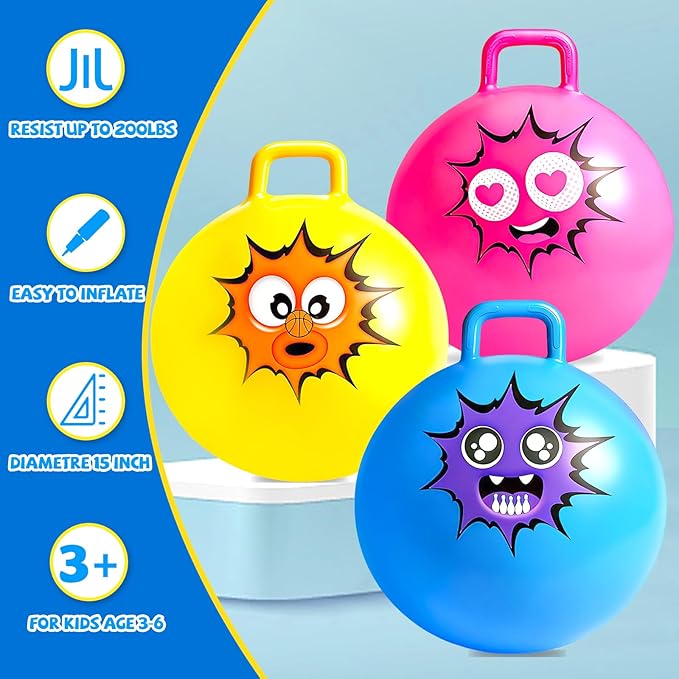 Hymaz Hopper Ball for Kids 3-6, 3 Pack Bouncy Balls with Handle, Inflatable Sit On Jumping Bouncing Hoppity Hop Ball, Garden Hopping Toys for Boys Girls Indoor Outdoor Active Play Gifts, 15 Inch