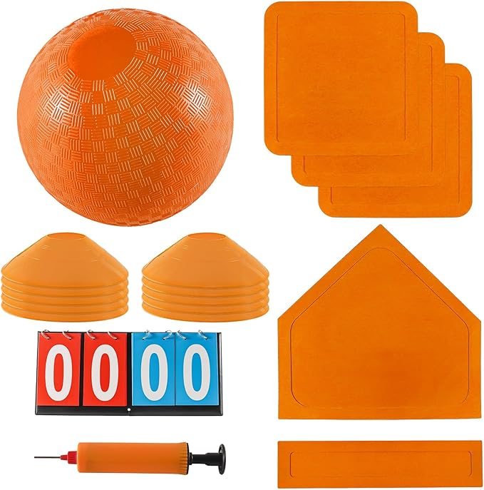 Kickball Set with Bases and Ball - 8.5" Kickball, Rubber Throw Down Bases, Sports Traning Cones, 12" Pump and 14" Scoreboard - Perfect for Kids and Adults - Playground and Backyard Game