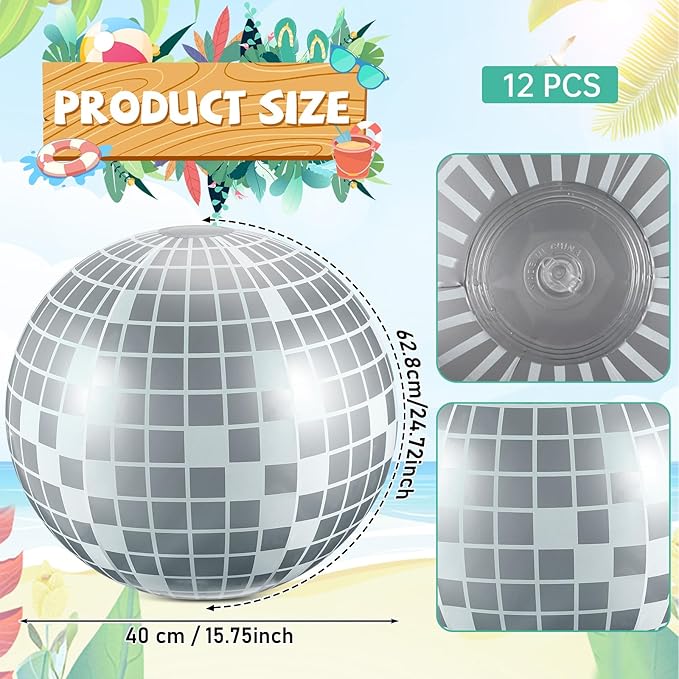 12 Pcs Inflatable Beach Ball Disco Theme Party Decoration Inflatable Disco Ball for Summer Pool Indoor Outdoor Beach Sports Theme Decor Gift