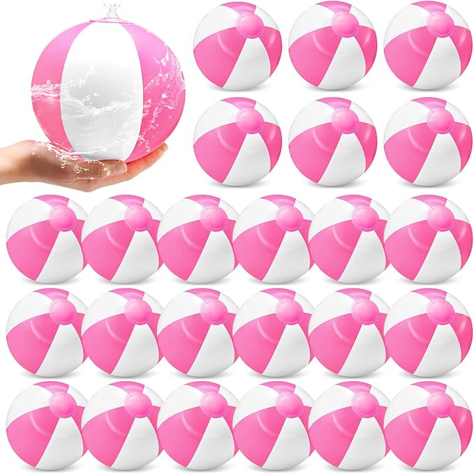 24 Pack 12 Inch Pink and White Inflatable Beach Balls Bulk PVC Beach Balls Blow up Water Games Toys for Kids Summer Swimming Pool Party Favors Hawaiian Tropical Theme Party Supplies