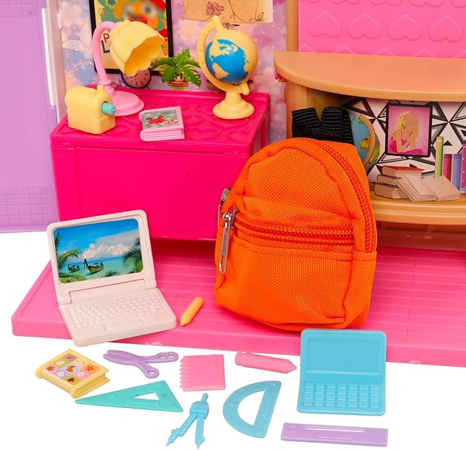 ENOCHT 27 Pcs 11.5 inch Doll School Accessories 4 Doll Backpack Bag with Zipper with Computers, Glasses, Blackboard, 7 Pcs Study Accessories 8 Pcs Stationery Sets 2 headsets