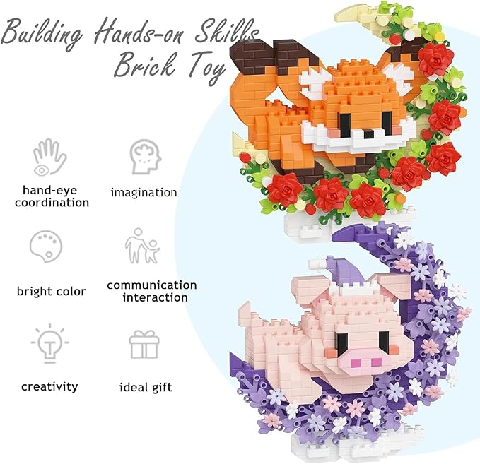2 Packs Animals Micro Building Block - Fox & Pig, Cute Building Block Set Animals for Goodie Bags Stuffer, Fox & Pig & Rose on The Moon, Classroom Favor