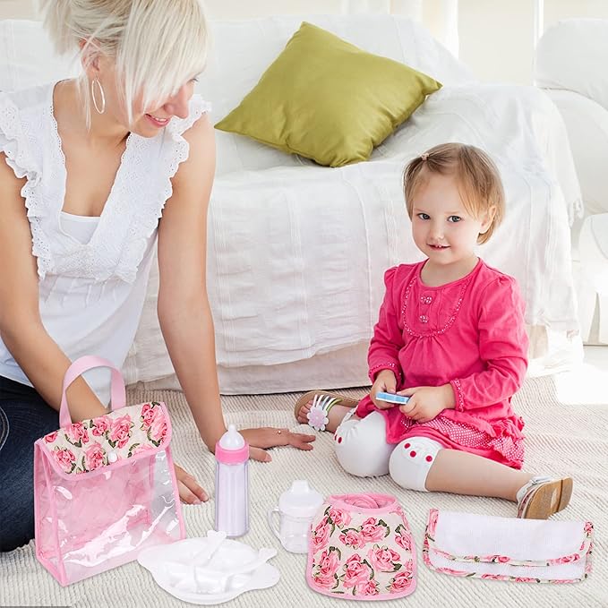 Rakki Dolli Feeding Set Nursery Bag Set for Dolls, Plate Together with Spoon, Fork, Milk Bottle, Juice Cup, Towel &Bib