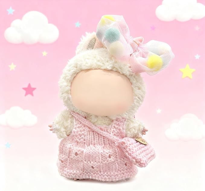 15 17cm Doll Clothes(NO Doll), Cute Dolls Outfit Accessories with Knitted Dress + Hair Clip + Bag, Small Kawaii Clothes Set for Dolls