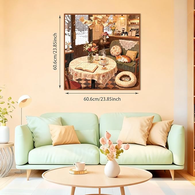 Puzzles for Adults 1024 Pieces Snowy Vintage Coffee Shop with Cats, Jigsaw Puzzles with HD Poster, Puzzles with Letter Markings, Gift for Family Friends（23.86 x 23.86 in）