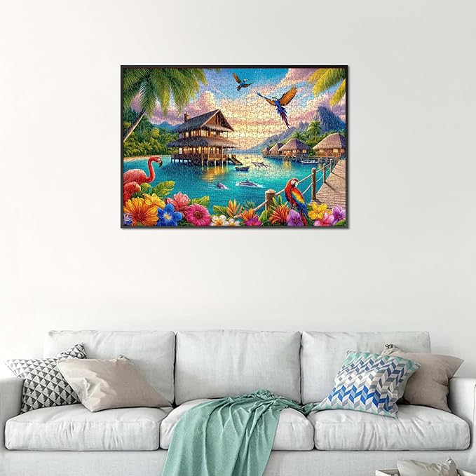 Rocorose 1000 Piece Family Jigsaw Puzzle for Adults, Parrot Flamingo Dolphin Animal Puzzle, Challenging Lakeside Sea Scenic Tropical Islands Puzzle Game Home Decor