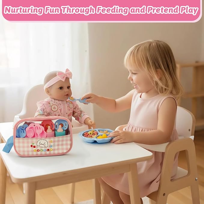 CARANOVO Baby Doll Accessories Set – 7 Pcs Feeding Bottle Toys, Magic Disappearing Milk & Juice, Pretend Play Set with Pacifiers, Reusable Bibs and Diapers, Kids Gift