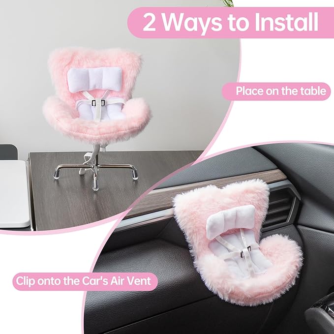Doll Car Seat Compatible with Bubudoll, Small Seat for 10-17cm Blind Box Toys, Including Air Vent Clip, Desktop Stand, Adjustable Safety Strap, Airflow-Friendly Design, Ideal Car Decor Gifts(Pink)