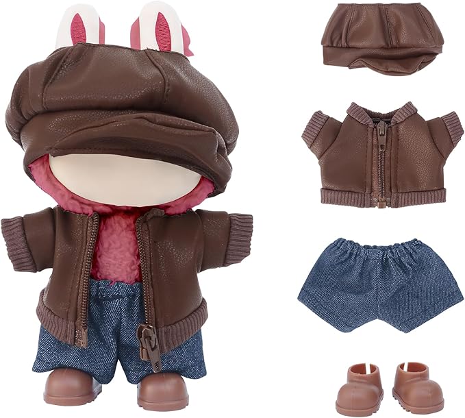 17cm Doll Clothes Sets(No Doll) Brown Leather Jacket Outfits Handcrafted Designer Clothes Including Hat Jacket Trousers and Shoes