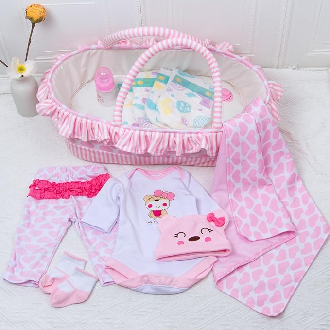 PEDOLLTREE Reborn Baby Dolls Clothes Girl Outfit Accessories Pink Little Bear 12 Pcs for 17-22 Inch Reborn Doll Newborn with Pink Heart Bassinet