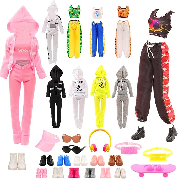 16 Pcs Doll Clothes and Accessories Including Multiple Styles Sports Suit Tops Pants Sun Hat Pocket Scooter Sunglasses Headset with 5 Shoes for 11.5 inch Girl Dolls