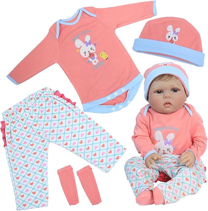 SCOM Reborn Baby Doll Clothes - 20 & 22 & 24 Inch 4 Pcs Doll Outfit Pink, Realistic Baby Bunny Clothing Set, Newborn Dolls Girl Onesies Gift