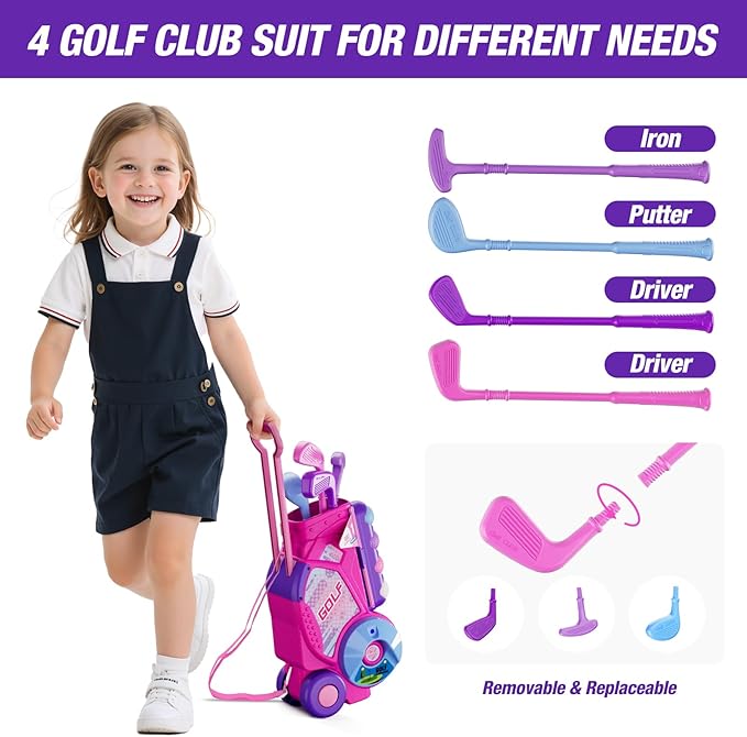 Toddler Golf Set 2-4 Years, Kids Golf Club with 8 Balls, 4 Plastic Clubs, Putting Mat, Scoreboard, Storage Bag, Indoor Outdoor Game with Golf Cart Sport Toy Gift for Baby Boys Girls Age 3-5, Pink
