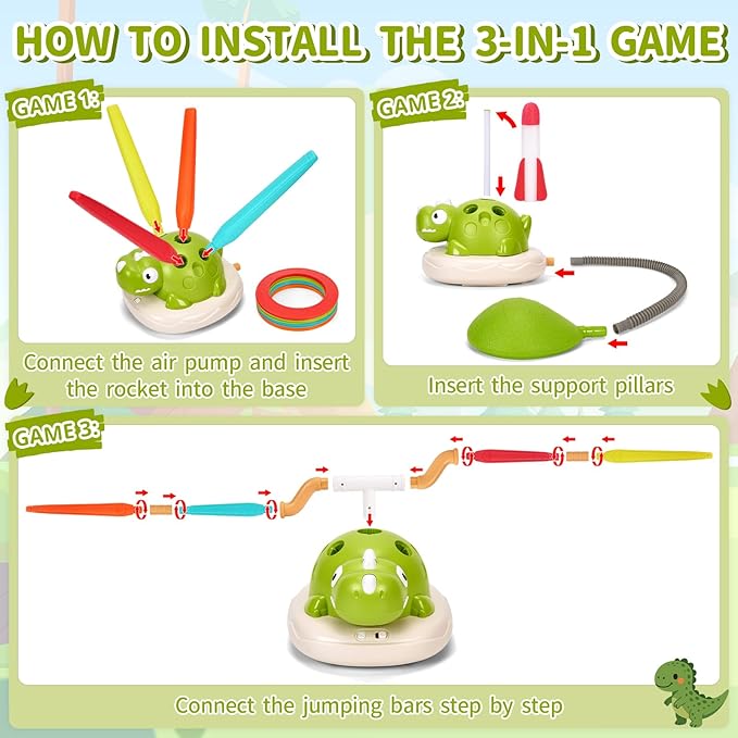 3 in 1 Dinosaur Rocket Launcher, Musical Jump and Toss, Activity Spinning Dinosaur Toy with Remote Control, Indoor & Outdoor Sports Toys