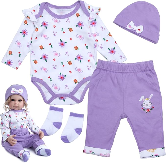 Reborn Baby Doll Clothes 4 Pieces 20-22 Inch Reborn Newborn Baby Doll Purple Clothes Sets 22 Inch Doll Clothing Accessories