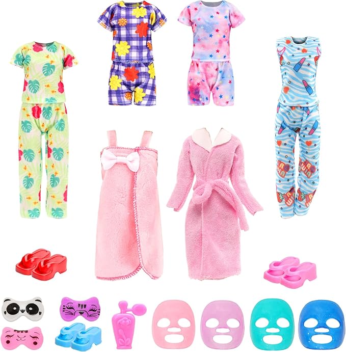 23 Pcs Doll Clothes and Accessories Including 6 Sets Bathrobes Pajamas, Towels, Headband, 3 Slippers and 8 Toiletries Accessories for 11.5 inch Girl Doll