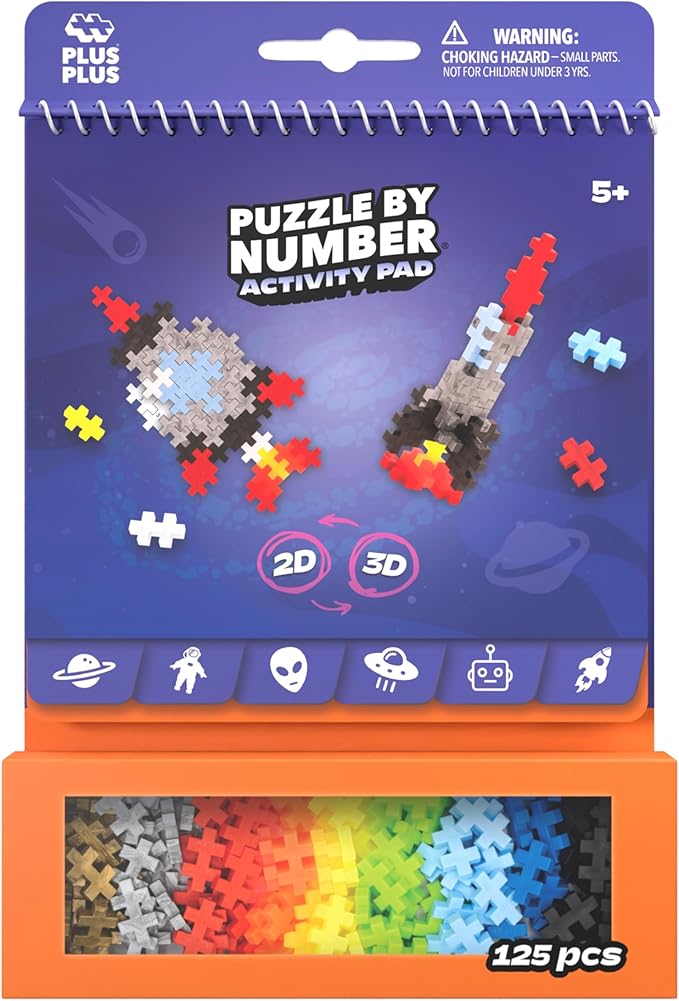 Plus Plus Puzzle By Number Activity Pad, Kids Travel Activities, Interlocking Mini Building Blocks, 3D Puzzle Stem Toy for Kids - Space