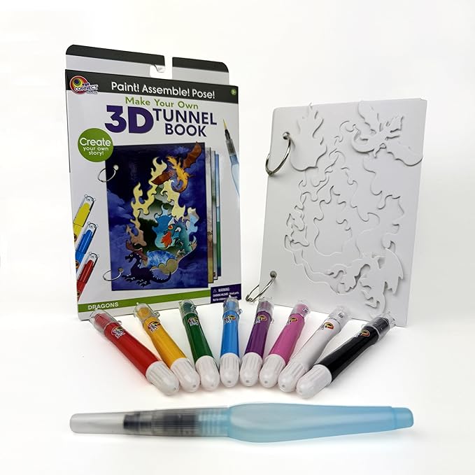 EyeConnect Crafts Make Your OWN 3D Tunnel Book - Dragons | Medium Size DIY Book Art & Craft Kit | Build, Paint & Draw Your Own Book with Mini Animals | Award-Winning STEAM Stationary Set | Ages 3+