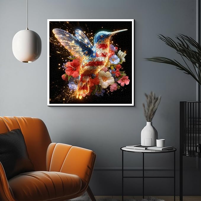 American Flag Hummingbird Puzzles for Adults 1000 Pieces, USA Patriotic Bird Jigsaw Puzzles, United States Freedom Floral Animal Puzzle