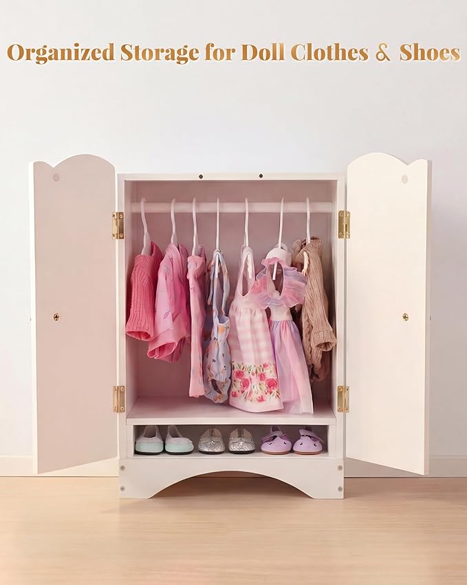 Wooden Baby Dolls Closet with 10 Hangers & Shelf, 12-16 Inch Doll Wardrobe for Baby Doll Clothes Storage, Magnetic Closure & Easy Assembly, Baby Doll Accessories Furniture